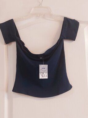 Navy Blue Off-The-Shoulder Jr. Crop Top by Ambiance Apparel Sz L
